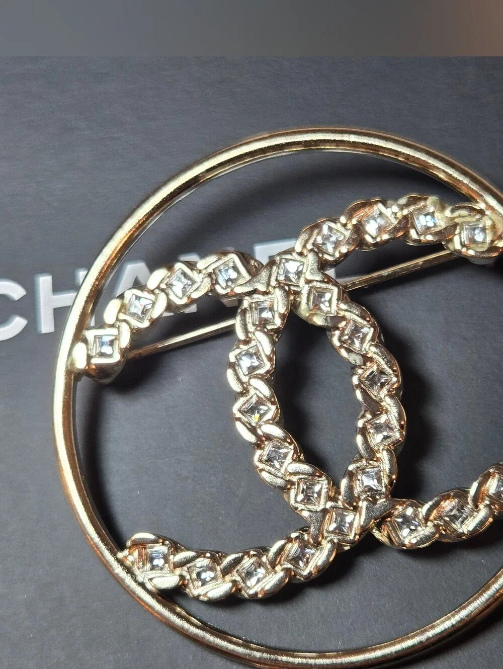 #162 - Chanel 2019 Golden Tone CC Logo w/crystals Brooch